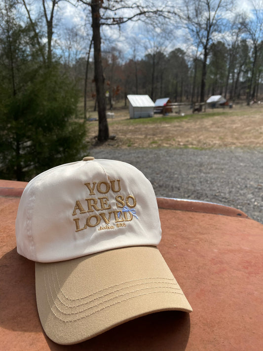You are so Loved John 3:16- TAN w/ Blue Bow