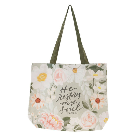 He Restores My Soul Green Floral Garden Tote Bag - Psalm 23:3