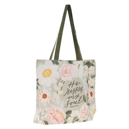 He Restores My Soul Green Floral Garden Tote Bag - Psalm 23:3